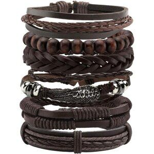 6-12PCS Braided Faux Leather Bracelet Punk Cuff Wrap Bracelets for Men